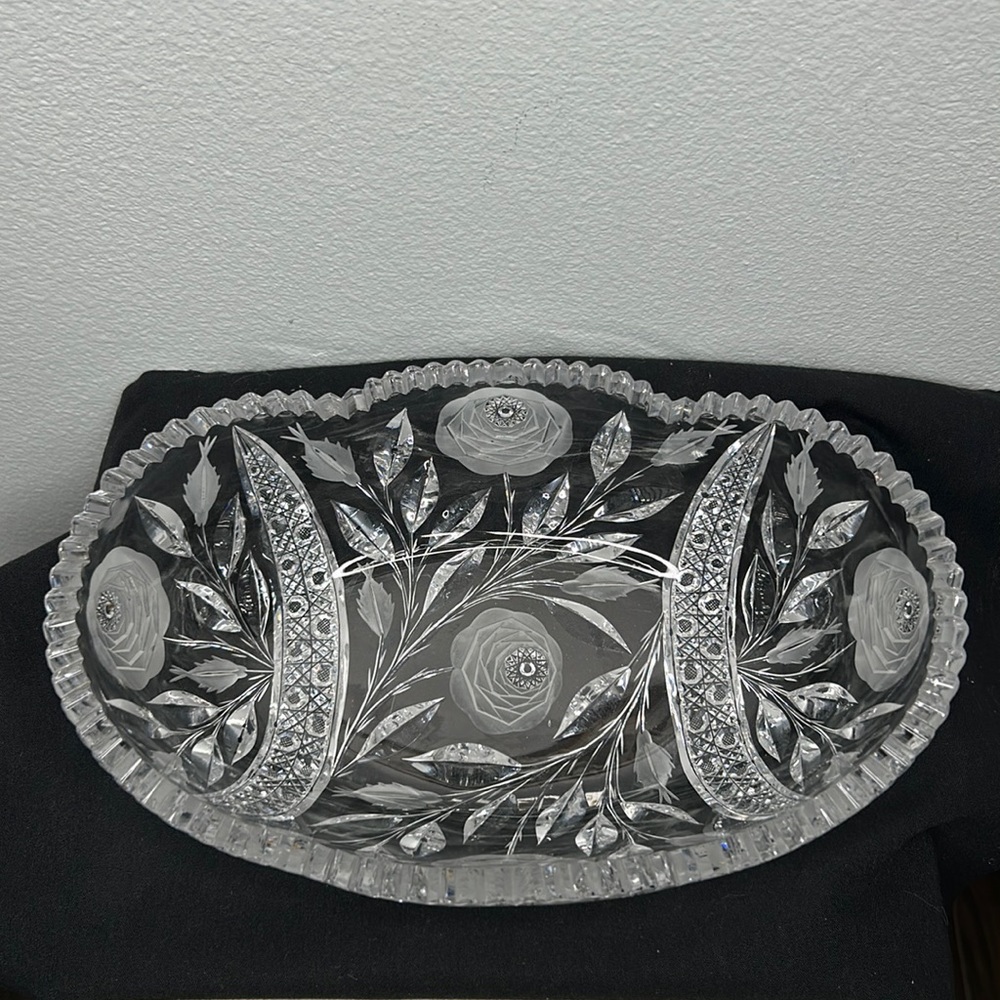 Gorgeous antique Irving Glass Co. White Rose oval Bowl.